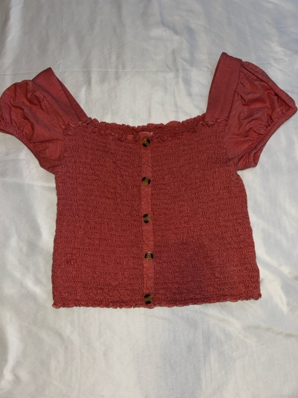 Mudd Rust Smocked Button-Front Crop Top with Puff Sleeves
